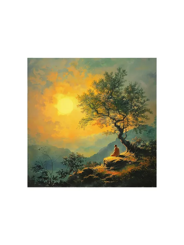 showing_a_monk_meditating_on_a_hill_under_a_setting_sun_and_tree_tree_painting_for_wall_decoration(FLP36X360191)