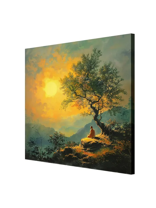 showing_a_monk_meditating_on_a_hill_under_a_setting_sun_and_tree_tree_painting_for_wall_decoration(FLP36X360191)