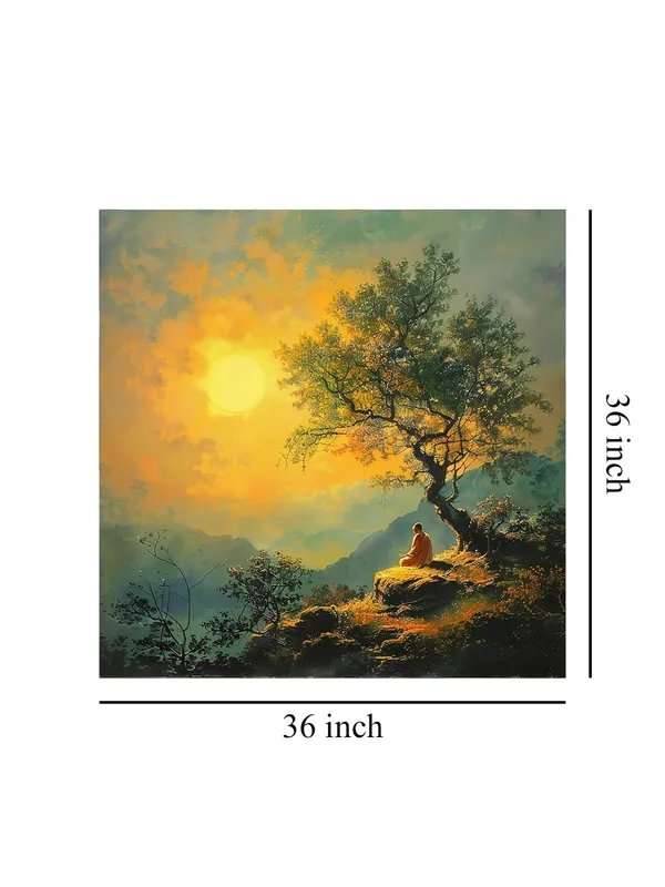 showing_a_monk_meditating_on_a_hill_under_a_setting_sun_and_tree_tree_painting_for_wall_decoration(FLP36X360191)
