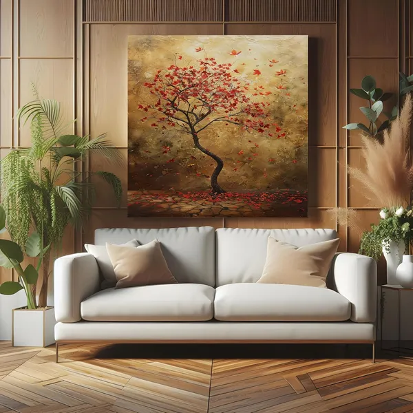 Autumn's_Whisper_a_solitary_tree_with_red_leaves_with_leaves_gently_falling_to_the_ground_tree_of_life_wall_painting(FLP36X360185)