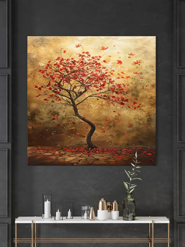Autumn's_Whisper_a_solitary_tree_with_red_leaves_with_leaves_gently_falling_to_the_ground_tree_of_life_wall_painting(FLP36X360185)