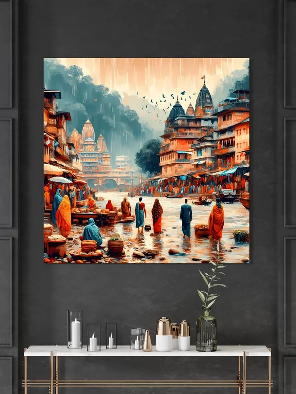 Monsoon_in_the_Sacred_City_of_people_walking_along_the_riverbanks_in_a_city,_with_raindrops_city_painting_for_wall_decoration(FLP36X360182)