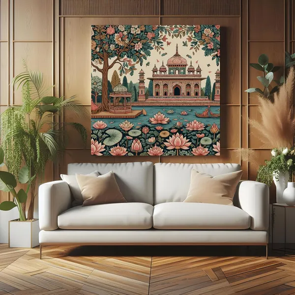 The_Lotus_Garden_Pavilion_emphasizes_the_lotus_flowers_and_the_beautiful_pavilion_at_the_center_of_the_scene_lotus_flower_painting(FLP36X360209)