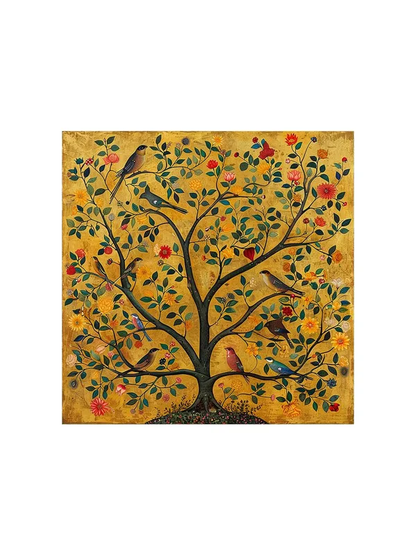 An_artistic_representation_of_a_tree_adorned_with_various_birds,_symbolizing_life_and_diversity_tree_of_life_painting(FLP36X360200)