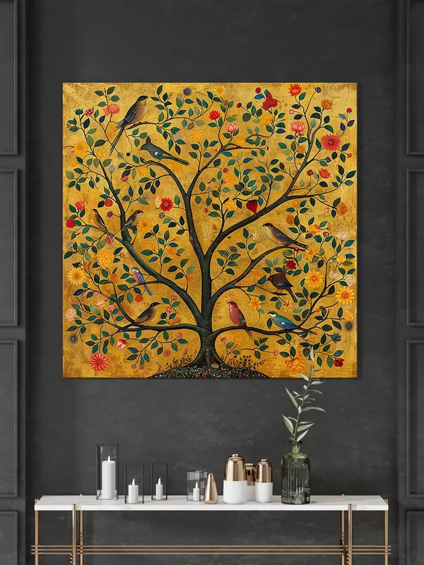 An_artistic_representation_of_a_tree_adorned_with_various_birds,_symbolizing_life_and_diversity_tree_of_life_painting(FLP36X360200)