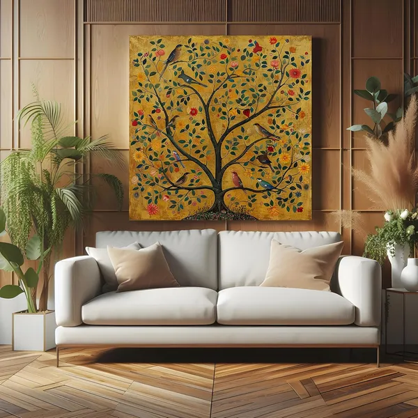 An_artistic_representation_of_a_tree_adorned_with_various_birds,_symbolizing_life_and_diversity_tree_of_life_painting(FLP36X360200)