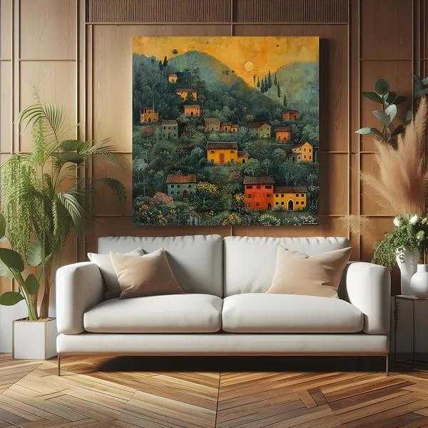 Village_at_Dawn_in_the_Hills_a_cluster_of_houses_nestled_among_the_hills_under_the_soft_morning_light_village_scenery_with_frame(FLP36X360183)