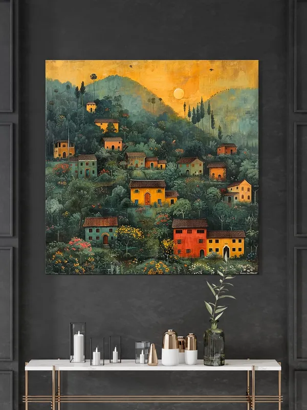 Village_at_Dawn_in_the_Hills_a_cluster_of_houses_nestled_among_the_hills_under_the_soft_morning_light_village_scenery_with_frame(FLP36X360183)