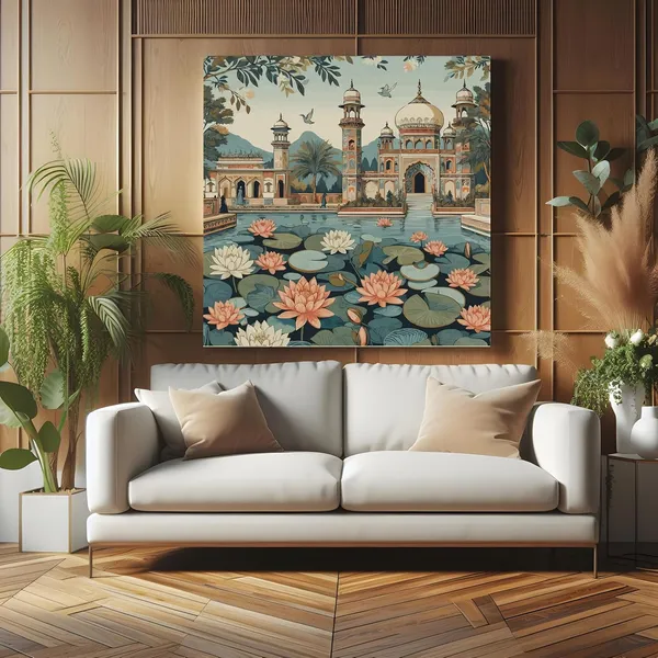 indian_art_lotus_flowers_and_the_architectural_beauty_of_the_palace_lotus_flower_painting_for_bedroom(FLP36X360222)
