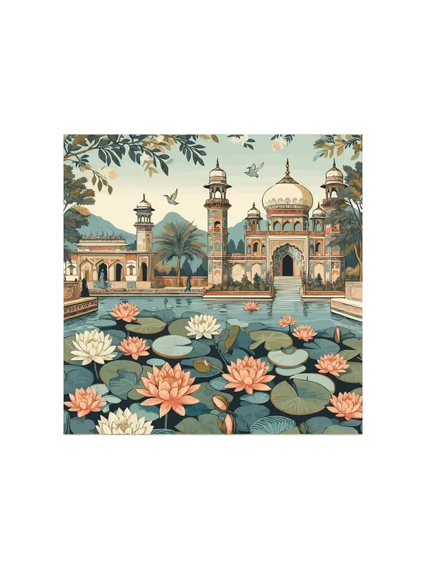 indian_art_lotus_flowers_and_the_architectural_beauty_of_the_palace_lotus_flower_painting_for_bedroom(FLP36X360222)