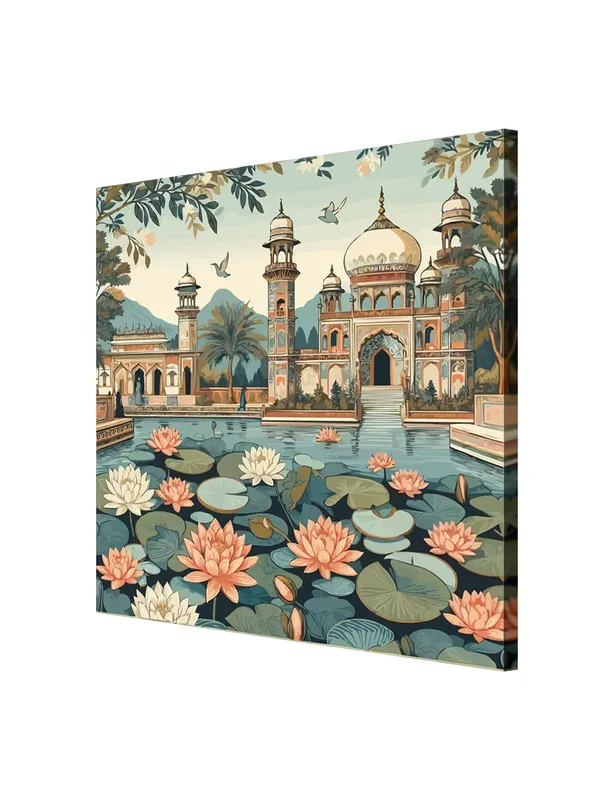 indian_art_lotus_flowers_and_the_architectural_beauty_of_the_palace_lotus_flower_painting_for_bedroom(FLP36X360222)