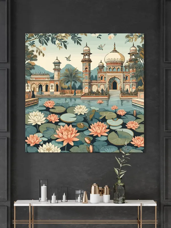 indian_art_lotus_flowers_and_the_architectural_beauty_of_the_palace_lotus_flower_painting_for_bedroom(FLP36X360222)