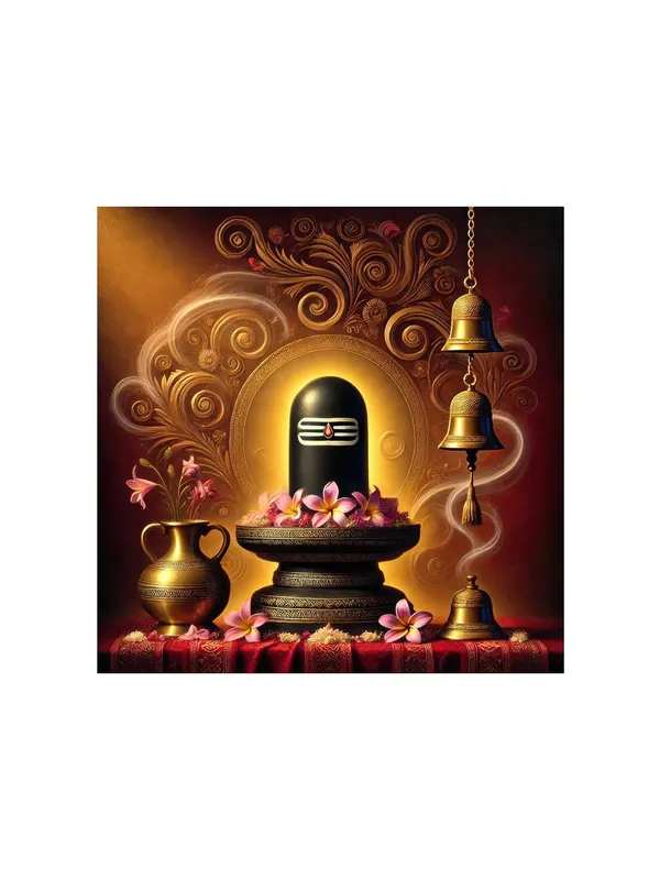 Shivlinga_Puja_Canvas_Painting_Art:_Sacred_Hindu_Ritual_Artwork_with_Flowers_and_Bells_for_Spiritual_Home_and_Temple_Décor(FLP24X240281)