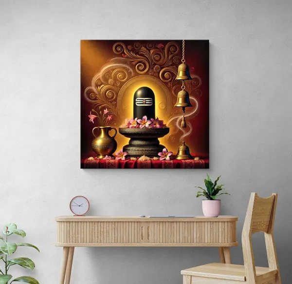 Shivlinga_Puja_Canvas_Painting_Art:_Sacred_Hindu_Ritual_Artwork_with_Flowers_and_Bells_for_Spiritual_Home_and_Temple_Décor(FLP24X240281)