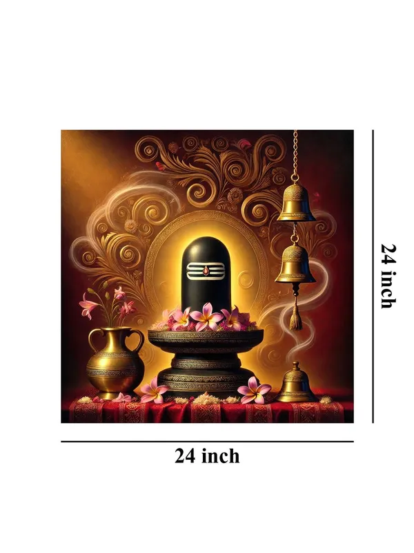 Shivlinga_Puja_Canvas_Painting_Art:_Sacred_Hindu_Ritual_Artwork_with_Flowers_and_Bells_for_Spiritual_Home_and_Temple_Décor(FLP24X240281)