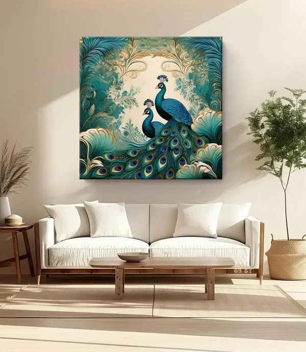 Ornamental_Majesty:_Peacocks_in_Flourishing_Foliage,_a_Vibrant_Nature-Inspired_Canvas_Painting_for_Elegant_Spaces(FLP24X240298)