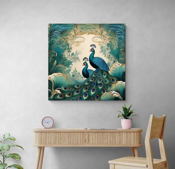Ornamental_Majesty:_Peacocks_in_Flourishing_Foliage,_a_Vibrant_Nature-Inspired_Canvas_Painting_for_Elegant_Spaces(FLP24X240298)