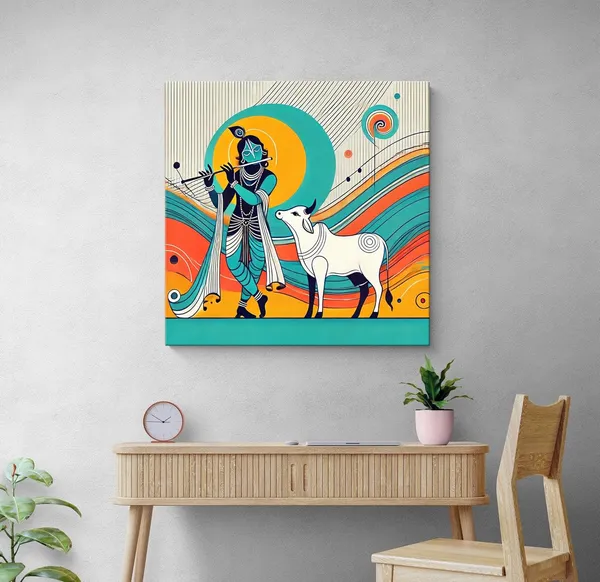 Modern_Depiction_of_Krishna_and_His_Sacred_Cow_in_Vibrant_Colors_-_Canvas_Painting_|_Indian_Folk_Art,_Krishna_Wall_Decor,_Hindu_Spiritual_Painting(FLP36X360243)