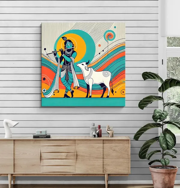 Modern_Depiction_of_Krishna_and_His_Sacred_Cow_in_Vibrant_Colors_-_Canvas_Painting_|_Indian_Folk_Art,_Krishna_Wall_Decor,_Hindu_Spiritual_Painting(FLP36X360243)