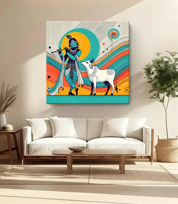 Modern_Depiction_of_Krishna_and_His_Sacred_Cow_in_Vibrant_Colors_-_Canvas_Painting_|_Indian_Folk_Art,_Krishna_Wall_Decor,_Hindu_Spiritual_Painting(FLP36X360243)