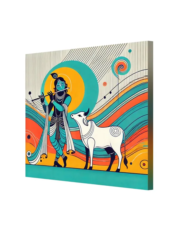 Modern_Depiction_of_Krishna_and_His_Sacred_Cow_in_Vibrant_Colors_-_Canvas_Painting_|_Indian_Folk_Art,_Krishna_Wall_Decor,_Hindu_Spiritual_Painting(FLP36X360243)