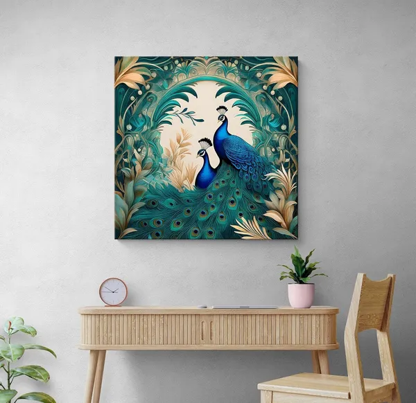 Floral_Serenity:_Twin_Peacocks_in_Verdant_Foliage,_a_Botanical-Inspired_Canvas_Painting_for_Elegant_Home_Décor(FLP24X240300)