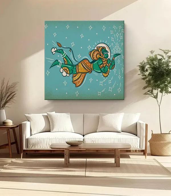 Mythical_Hanuman_Flying_with_the_Mountain_of_Herbs_in_Indian_Folk_Style_-_Canvas_Painting_|_Ramayana_Art,_Indian_Mythology_Decor,_Hanuman_Wall_Art(FLP24X240254)