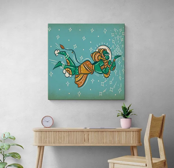 Mythical_Hanuman_Flying_with_the_Mountain_of_Herbs_in_Indian_Folk_Style_-_Canvas_Painting_|_Ramayana_Art,_Indian_Mythology_Decor,_Hanuman_Wall_Art(FLP24X240254)