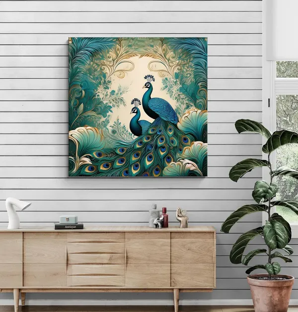 Ornamental_Majesty:_Peacocks_in_Flourishing_Foliage,_a_Vibrant_Nature-Inspired_Canvas_Painting_for_Elegant_Spaces(FLP36X360298)