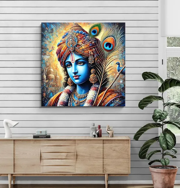 Lord_Krishna_Canvas_Painting:_Vibrant_Portrait_with_Peacock_Feathers_and_Sacred_Jewelry_for_Spiritual_and_Cultural_Home_Déco(FLP24X240282)