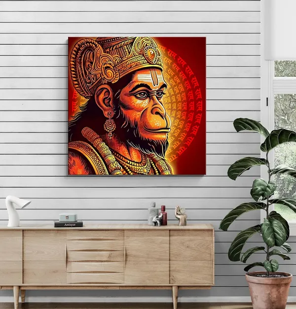Vibrant_Hanuman_Portrait_Canvas_painting:_Traditional_Hindu_Deity_Artwork_with_Intricate_Details_and_Sacred_Mantras_for_Home_and_Temple_Décor(FLP24X240270)