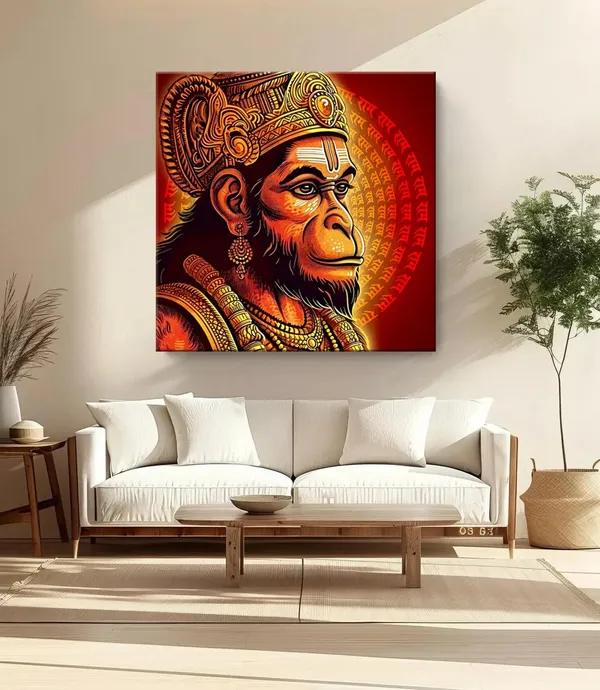 Vibrant_Hanuman_Portrait_Canvas_painting:_Traditional_Hindu_Deity_Artwork_with_Intricate_Details_and_Sacred_Mantras_for_Home_and_Temple_Décor(FLP24X240270)