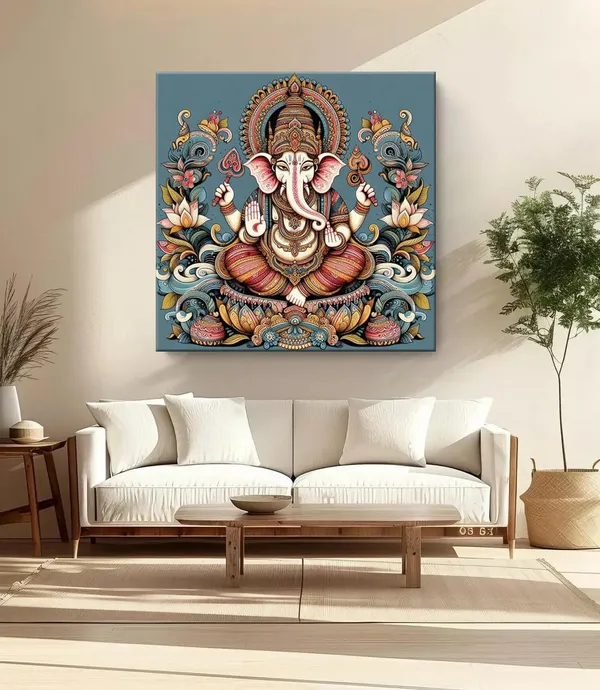 Celestial_Majesty:_The_Sacred_Manifestation_of_Lord_Ganesha,_Bearer_of_Knowledge_and_Remover_of_Obstacles_-_Canvas_Painting_|_Ganesh_Art,_Indian_Wall_Decor,_Religious_Painting(FLP24X240227)