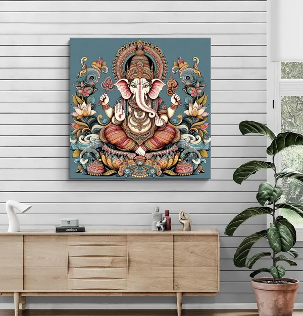 Celestial_Majesty:_The_Sacred_Manifestation_of_Lord_Ganesha,_Bearer_of_Knowledge_and_Remover_of_Obstacles_-_Canvas_Painting_|_Ganesh_Art,_Indian_Wall_Decor,_Religious_Painting(FLP24X240227)