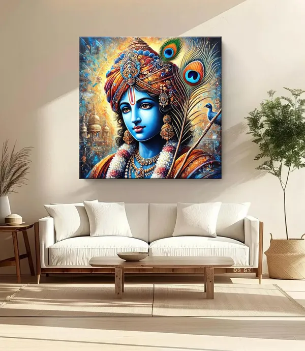 Lord_Krishna_Canvas_Painting:_Vibrant_Portrait_with_Peacock_Feathers_and_Sacred_Jewelry_for_Spiritual_and_Cultural_Home_Déco(FLP36X360282)
