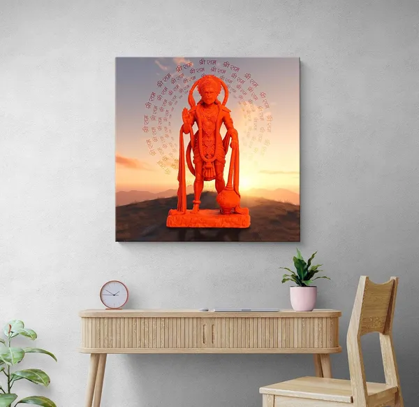Vibrant_Hanuman_Idol_with_Chant_of_'Jai_Shri_Ram'_at_Sunset_-_Canvas_Painting_|_Spiritual_Art,_Hindu_God_Decor,_Hanuman_Devotion_Wall_Art(FLP36X360258)
