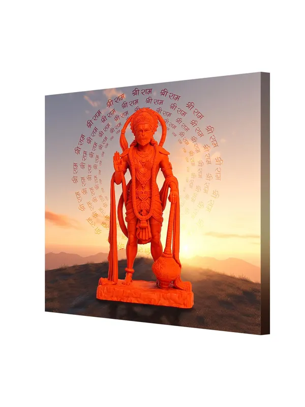 Vibrant_Hanuman_Idol_with_Chant_of_'Jai_Shri_Ram'_at_Sunset_-_Canvas_Painting_|_Spiritual_Art,_Hindu_God_Decor,_Hanuman_Devotion_Wall_Art(FLP36X360258)
