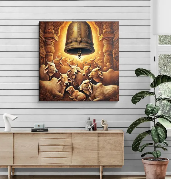 Cows_Resting_Underneath_a_Large_Temple_Bell_-_Canvas_Painting_|_Sacred_Animal_Art,_Indian_Cultural_Painting,_Hindu_Symbolism_Decor(FLP24X240248)