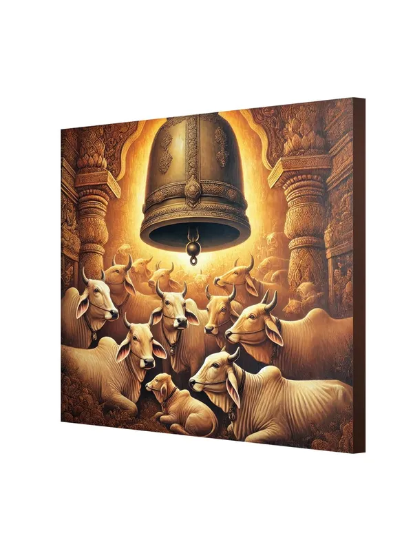 Cows_Resting_Underneath_a_Large_Temple_Bell_-_Canvas_Painting_|_Sacred_Animal_Art,_Indian_Cultural_Painting,_Hindu_Symbolism_Decor(FLP24X240248)