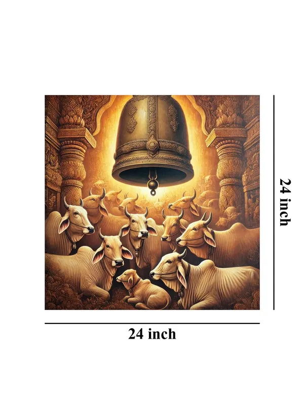 Cows_Resting_Underneath_a_Large_Temple_Bell_-_Canvas_Painting_|_Sacred_Animal_Art,_Indian_Cultural_Painting,_Hindu_Symbolism_Decor(FLP24X240248)