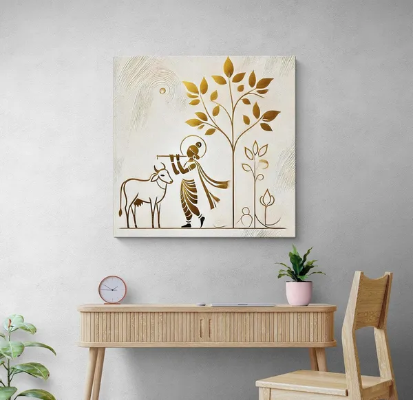 Minimalist_Golden_Outline_of_Krishna_Playing_the_Flute_under_a_Tree_-_Canvas_Painting_|_Indian_Traditional_Art,_Monochrome_Wall_Decor,_Hindu_Religious_Painting(FLP36X360244)