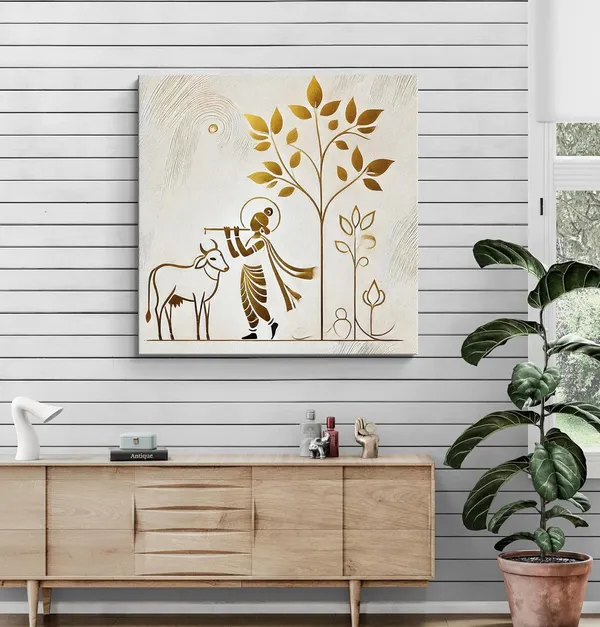 Minimalist_Golden_Outline_of_Krishna_Playing_the_Flute_under_a_Tree_-_Canvas_Painting_|_Indian_Traditional_Art,_Monochrome_Wall_Decor,_Hindu_Religious_Painting(FLP36X360244)