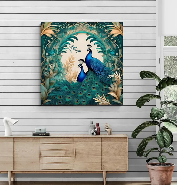 Floral_Serenity:_Twin_Peacocks_in_Verdant_Foliage,_a_Botanical-Inspired_Canvas_Painting_for_Elegant_Home_Décor(FLP36X360300)