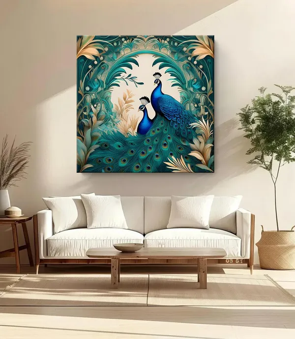Floral_Serenity:_Twin_Peacocks_in_Verdant_Foliage,_a_Botanical-Inspired_Canvas_Painting_for_Elegant_Home_Décor(FLP36X360300)