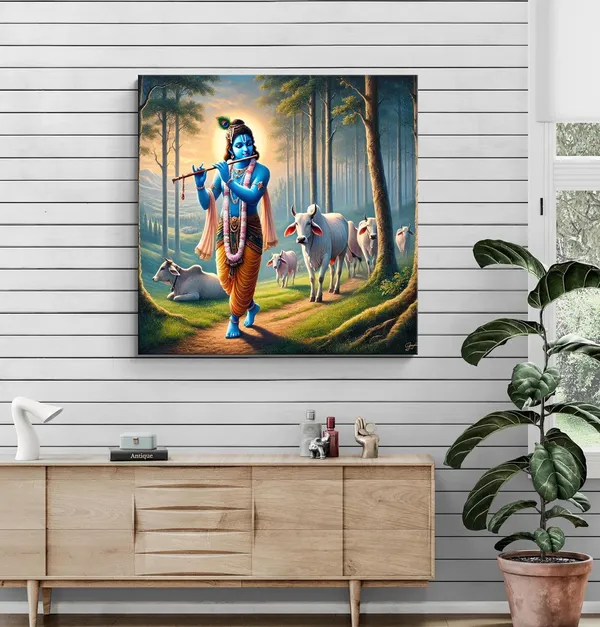 Lord_Krishna_with_Cows:_A_Divine_Canvas_Painting_Showcasing_Krishna’s_Blissful_Presence_Amidst_Nature(FLP36X360306)