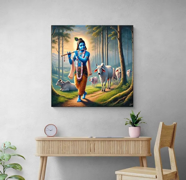 Lord_Krishna_with_Cows:_A_Divine_Canvas_Painting_Showcasing_Krishna’s_Blissful_Presence_Amidst_Nature(FLP36X360306)