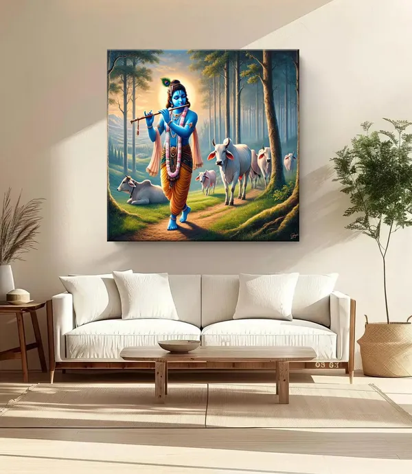 Lord_Krishna_with_Cows:_A_Divine_Canvas_Painting_Showcasing_Krishna’s_Blissful_Presence_Amidst_Nature(FLP36X360306)