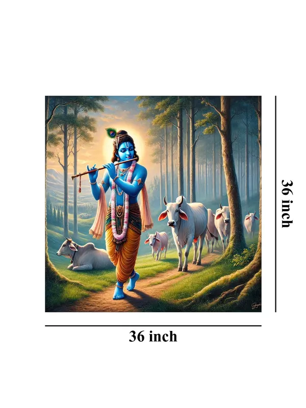 Lord_Krishna_with_Cows:_A_Divine_Canvas_Painting_Showcasing_Krishna’s_Blissful_Presence_Amidst_Nature(FLP36X360306)