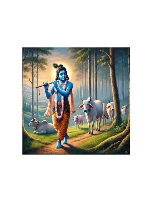 Lord_Krishna_with_Cows:_A_Divine_Canvas_Painting_Showcasing_Krishna’s_Blissful_Presence_Amidst_Nature(FLP24X240306)