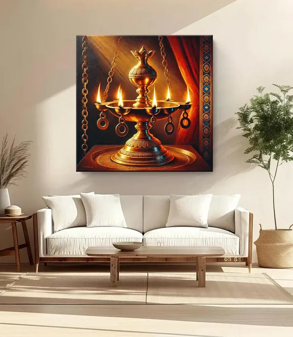 Sacred_Brass_Lamp:_A_Canvas_Painting_Capturing_the_Radiance_and_Tradition_of_an_Ornate_Flame-Lit_Lamp(FLP36X360304)